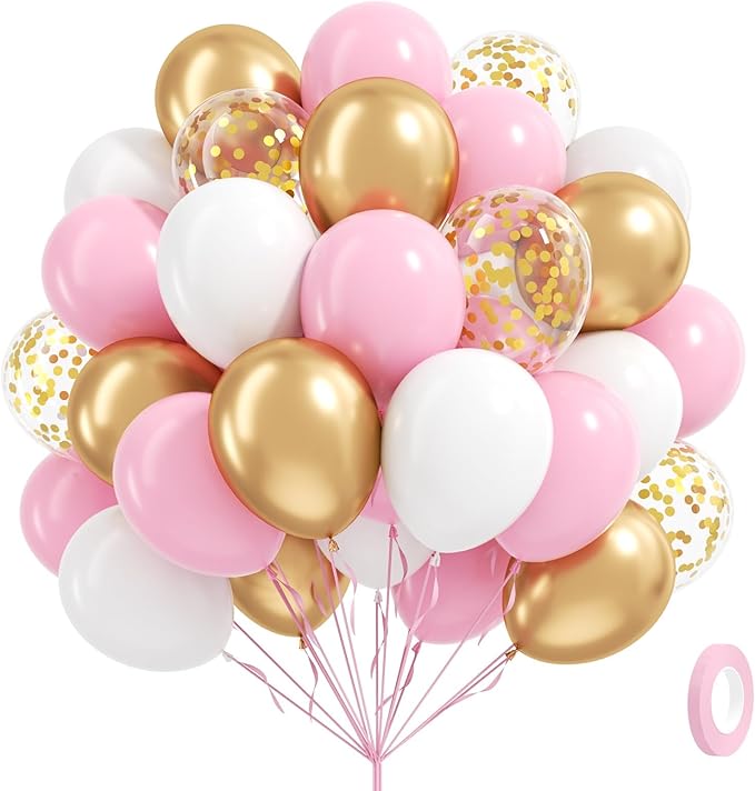 60pcs Pink and Gold Balloons 12inch, Pink and White Balloon with Metallic Gold Confetti Balloons for Baby Shower Wedding Birthday Party Decorations
