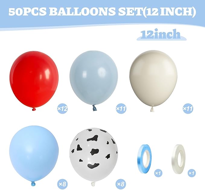 Red Blue Cow Balloons, 50Pcs 12 Inch Red Dusty Blue Sand White Farm Balloons for Kids Girl Boy Farm Theme Birthday Western Cowboy Party Baby Shower Decorations