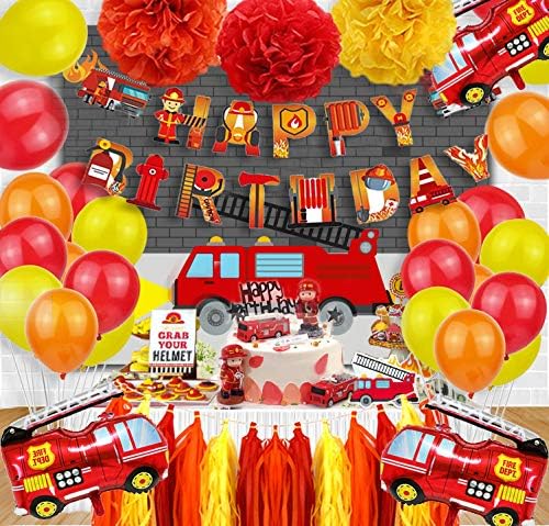 Fire Truck Party Supplies - Fireman Happy Birthday Banner, Paper Pom Pom Tissue Tassels, Firefighter Birthday Balloon, Fire Truck Party Decorations