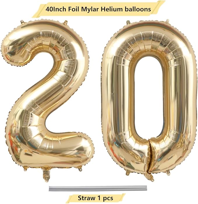40 Inch Light Gold 20 Number Balloons White Gold Giant 20 Foil Mylar Helium Large Digital Balloon Champagne Gold Birthday Numbers Jumbo Balloons 20th Anniversary Events Party Decorations Supplies