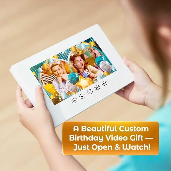 Personalized Birthday Video Greeting Card – Upload 11 Photos to Create Animated Slideshow – Fun Gift for Boys & Girls – 7” Display, 4GB Memory, Rechargeable Battery