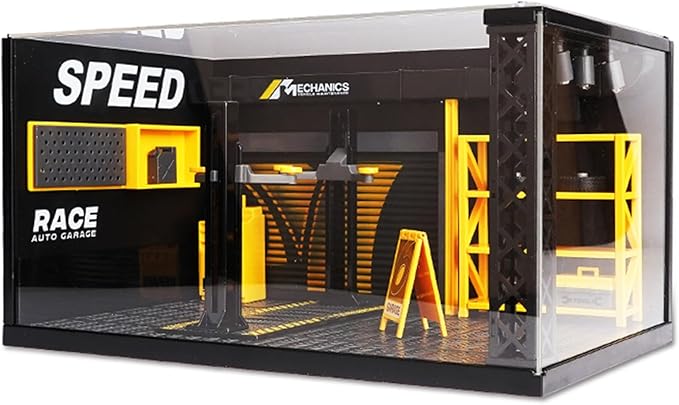 PVC Display Case DIY Simulation Scenario Die-cast Model with LED Light, Garage Scene Model for Motorcycle Car Models Collectibles Assemble (10x6x5inch)