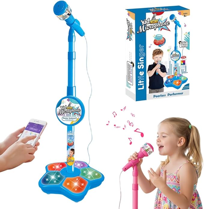 The All in One Microphone Toy, Star Microphone with Stand, Kid Star Microphones Toy Karaoke Machine with Lights, Speaker & Echo Effects, Move to Play (Blue)