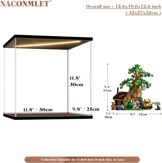 Clear Acrylic Display Case for Disney Winnie The Pooh 21326,LED-Lit Display Box Dustproof Showcase for Collectibles/Trope /Action Figures ( 11.8"x9.8"x11.8"inch)