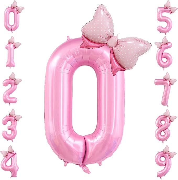 40 inch Number 0 Balloon with Bow Pink Happy Birthday Jumbo Number Balloon for Girls Daughter Birthday Decorations Party Supplies (Number 0)