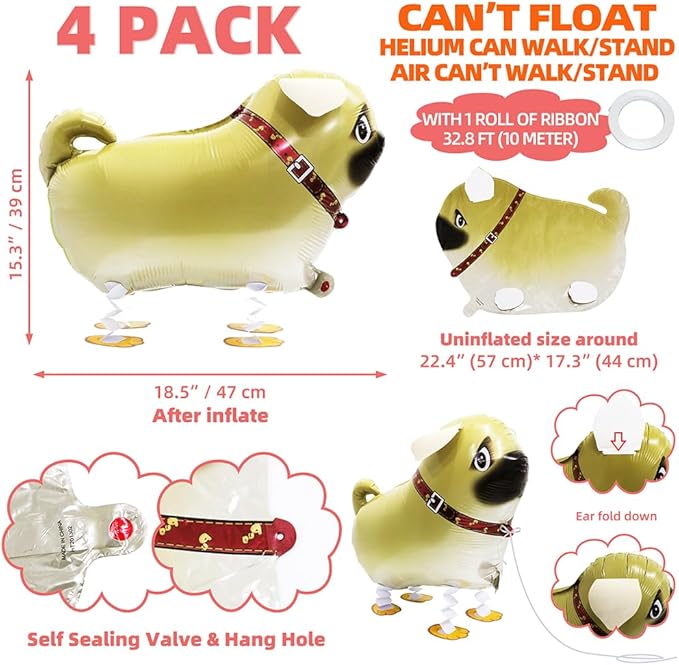 Cartoon Pug Dog Balloon Realistic Air Walker Pet Animal Balloon, 4 Pack Toys Walk Pekinese Dog Balloons Walking Animal Puppy Party Supplies For Kids Boys Girls Birthday Decoration