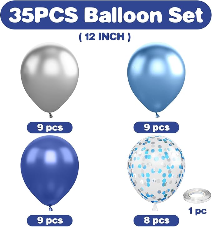Navy Blue and Silver Balloons, 12 Inch Metallic Latex and Confetti Balloons for Birthday, Baby Shower, Graduation Decorations