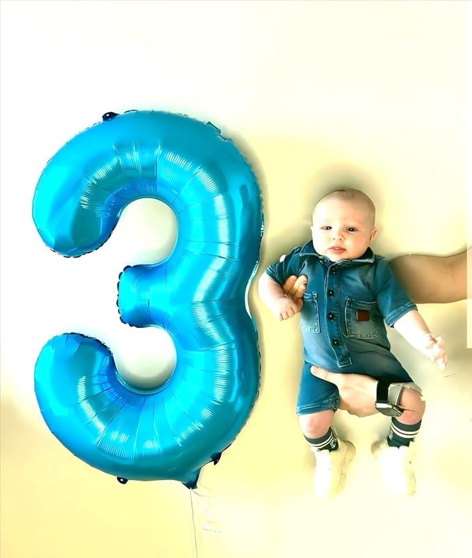 40 Inch Blue 3 Large Number Balloon, 3 13 23 30 33 36 Blue Birthday Party Decorations, Number Three Foil Balloons for Anniversary Party Graduations Celebration Supplies