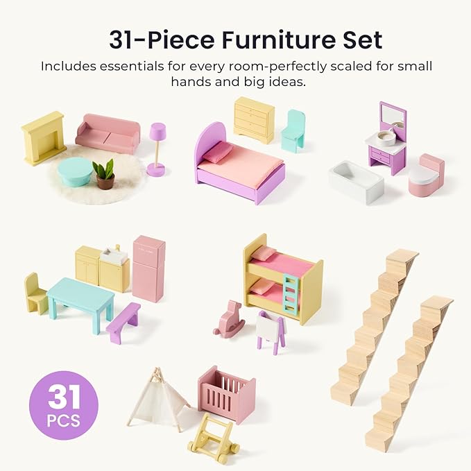 Tiny Land Wooden Dollhouse for Girls - 6 Rooms Wooden Doll House, DIY Pretend Doll House with 31Pcs Furniture Accessories, Creative Gift for Girl Ages 3+ (Unicorn Purple)