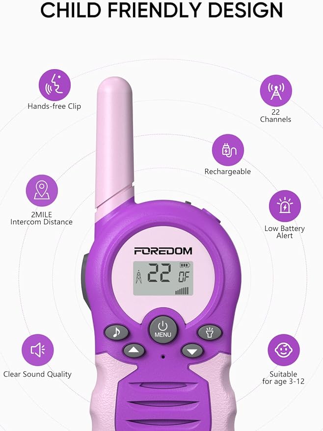 FOREDOM Rechargeable Walkie Talkies for Kids Walkie Talkies Long Range for Boy & Girl Age 3 to 12 Year Old Birthday Toys - 2 Pack