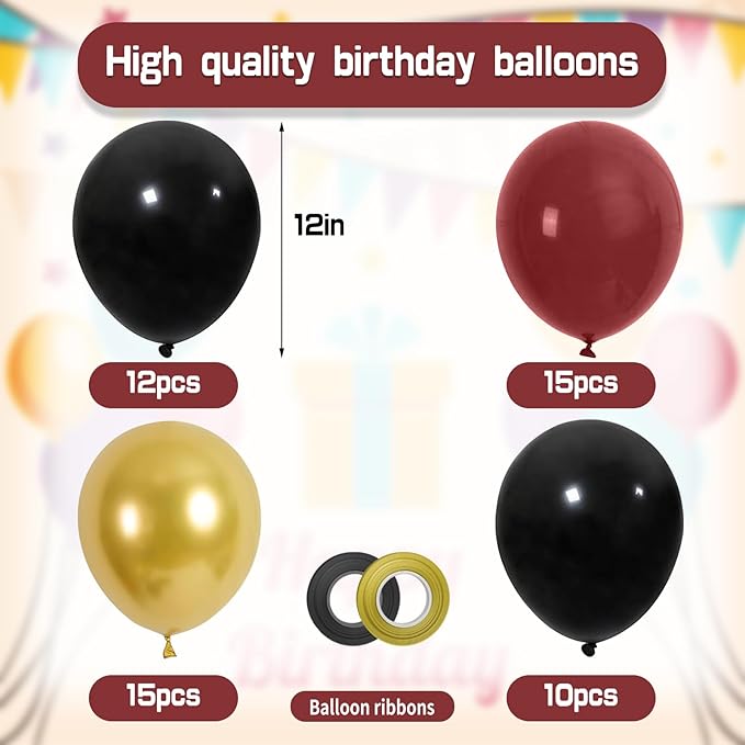 Black Burgundy Gold Balloon,50pcs 12inch Metallic Gold Wine Black with Print Balloons for Boys Girls Magical Wizard Party Birthday Decorations Birthday Balloons Baby Shower Party Supplies