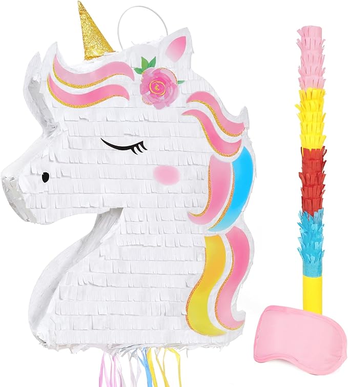 WERNNSAI Foldable Unicorn Piñata - Pull String Unicorn Birthday Party Supplies Extendable Unicorn with Blindfold Bat and Tassels Unicorn Birthday Party Decoration Games Folding Piñatas for Kids