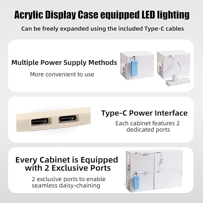 Acrylic Display Case for Collectibles with LED Light, 3-Tier Adjustable Figure Showcase, Stackable Magnetic Door for Lego Toys & Action Figures