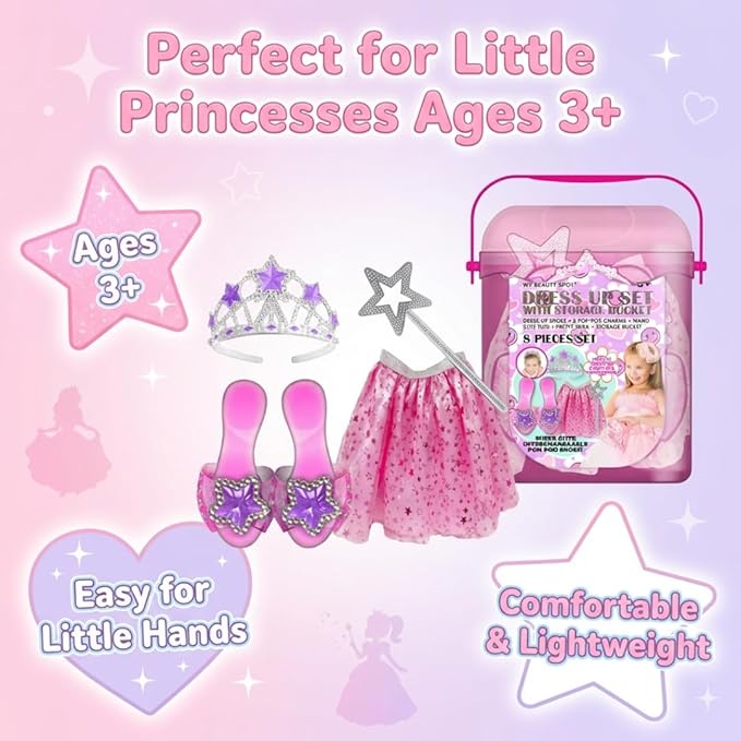 My Beauty Spot Princess Dress Up Set for Girls 4–6 with Storage Bucket — Dress Up Clothes with Tiara, Wand, Skirt & Shoes, Pretend Play Costume Toy