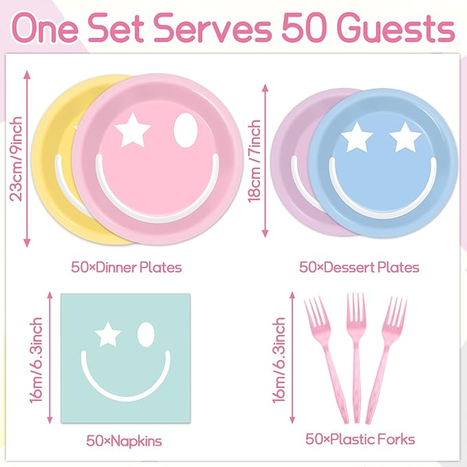 200Pcs Pastel Smile Face Party Decorations Paper Plates Napkin Preppy Smile Face Party Tableware Smile Face Dinnerware Set Supplies for Birthday Bachelorette Baby Shower Table Party Favors Serve 50
