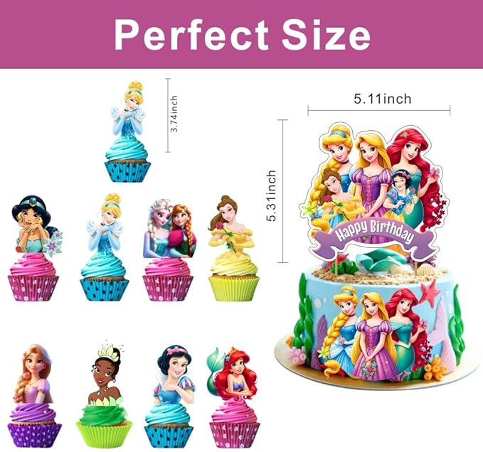 25Pcs Princess Cake Decorations with 24pcs Cupcake Toppers 1pcs Cake Topper for Princess Themed Birthday Party Supplies