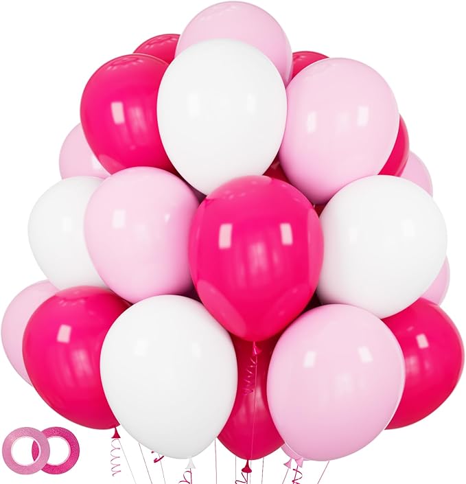 Pink White Balloons 100pcs 12 inch Hot Pink Pastel Pink White Balloons with 2 Ribbon for Mother's Day Valentine's Day Girl's Woman's Birthday Bridal Shower Wedding Party Decorations