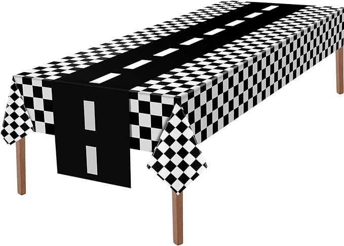 Tallew 2 Pcs Checkered Car Party Supplies Disposable Tablecloth Plastic Table Cover Black and White Checkered Race Table Runner for Racing Birthday Party Decor Favor Supplies (Black,White)