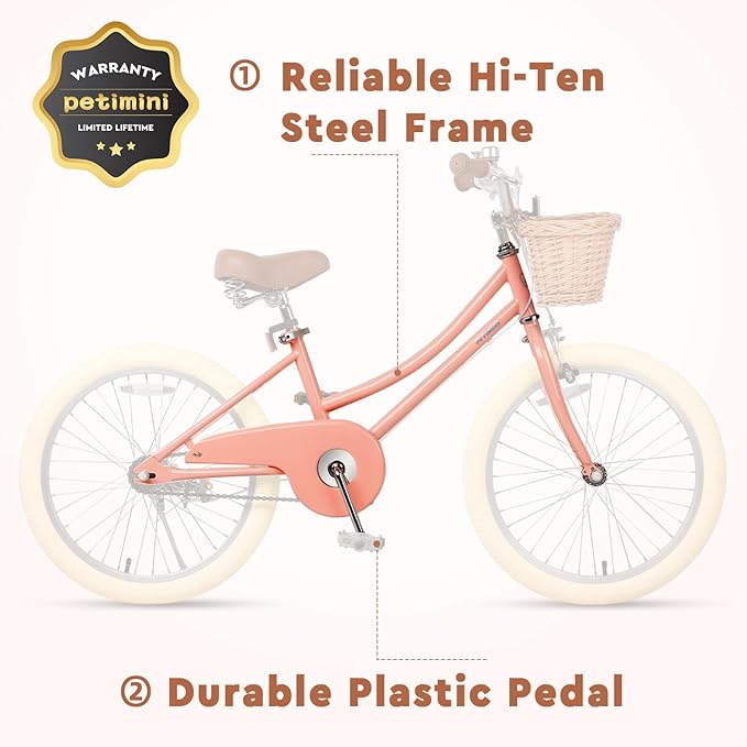 Petimini Vintage Kids Bike for Girls, 12–20 Inch Classic Bicycle with Wicker Basket & Bell, High Tensile Steel Frame, Training Wheels (12–18”), 85% Pre-Assembled, Retro Bike for Outdoor Riding