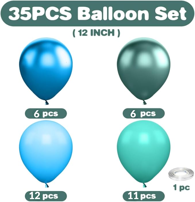 Blue and Green Balloons, Blue and Green Birthday Decorations, 12 Inch Light Blue Teal Metallic Metallic Blue Latex Balloons for Birthday Wedding Baby shower Party Decorations
