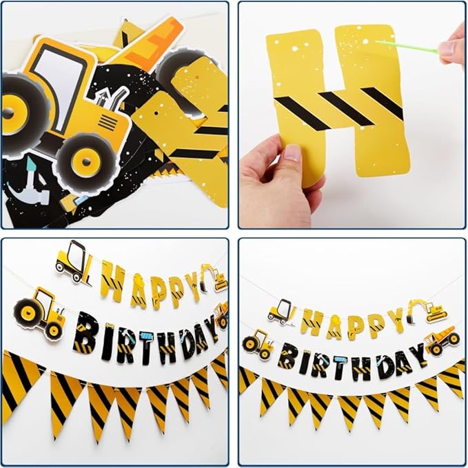 3 Packs Construction Happy Birthday Banner and Construction Pennant Flags Bunting Banner Decorations Construction Birthday Party Supplies for Boys Birthday Party (Construction)