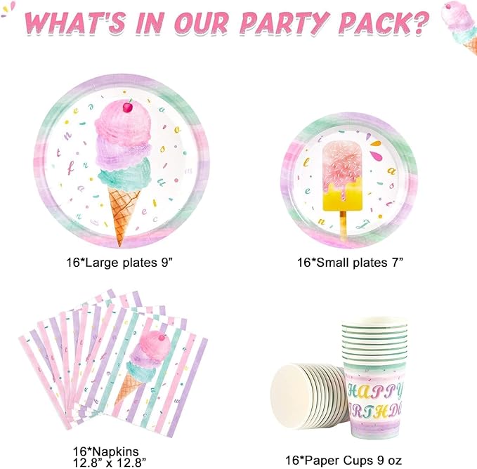 WERNNSAI Ice Cream Plates Napkins and Cups - Ice Cream and Popsicle Theme Party Supplies for Girls Birthday Disposable Tableware Dessert Plates Luncheon Napkins Serves 16 Guests 64PCS