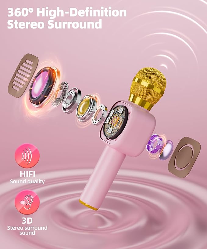Bluetooth Karaoke Microphone Toy for Kids - Mini Portable Speaker with LED Lights, Wireless Pairing (TWS) for Duet Singing, Christmas Birthday Gift Toys for Boys & Girls Ages 2-12 (Pink - 1)