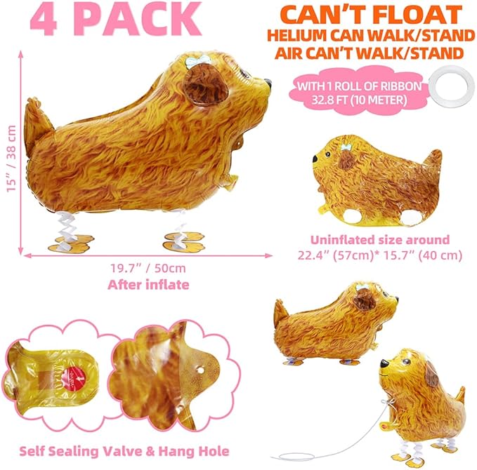 Walk Animal Puppy Poodle Balloon Shaggy Dog Balloon Pet Party Supplies, 4 Pack Cute Air Walking Poodle Dog Balloons Walker Doggy Party Decoration for Kids Gift Birthday Party Decor