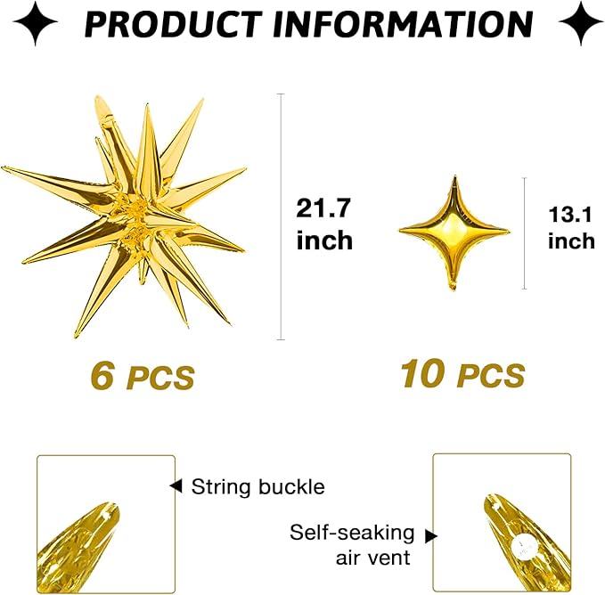Gold Star Foil Balloons Kit - 6 Pack 12 Point Starburst Cone and Spike Balloons With 10Pcs Four Pointed Stars for Wedding, Baby Shower, Photo Booth, Birthday Party Supplies