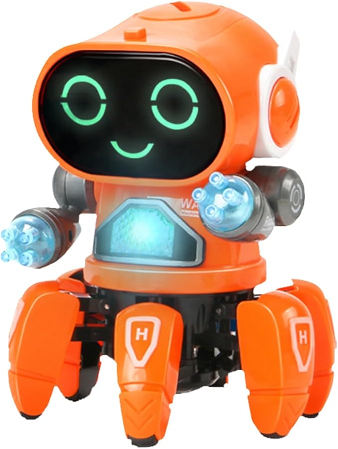 Light Six Claw Robot Toy, Flexible Moving Dance Music Shake Robot Toy with Clear Sound Quality (Orange)