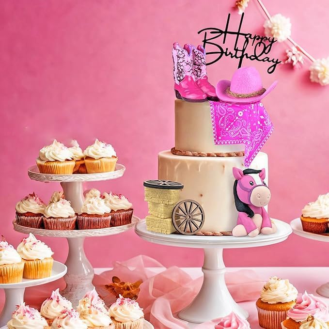 Cowgirl Cake Decorations Cowgirl Hat and Boot Cake Toppers Western Cowgirl Birthday Baby Shower for Western Theme Party Favors Supplies (Pink)