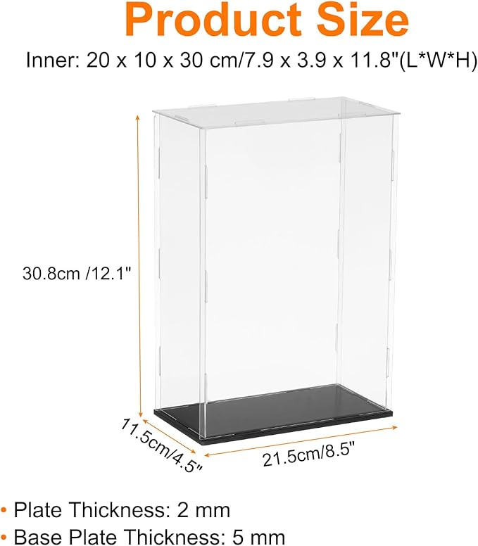 uxcell Acrylic Clear Display Case for Collectibles Self-Assemble Display Clear Boxes with Black Base Dustproof Countertop Storage Box for Collectible Figures, 7.9 x 3.9 x 11.8 Inch