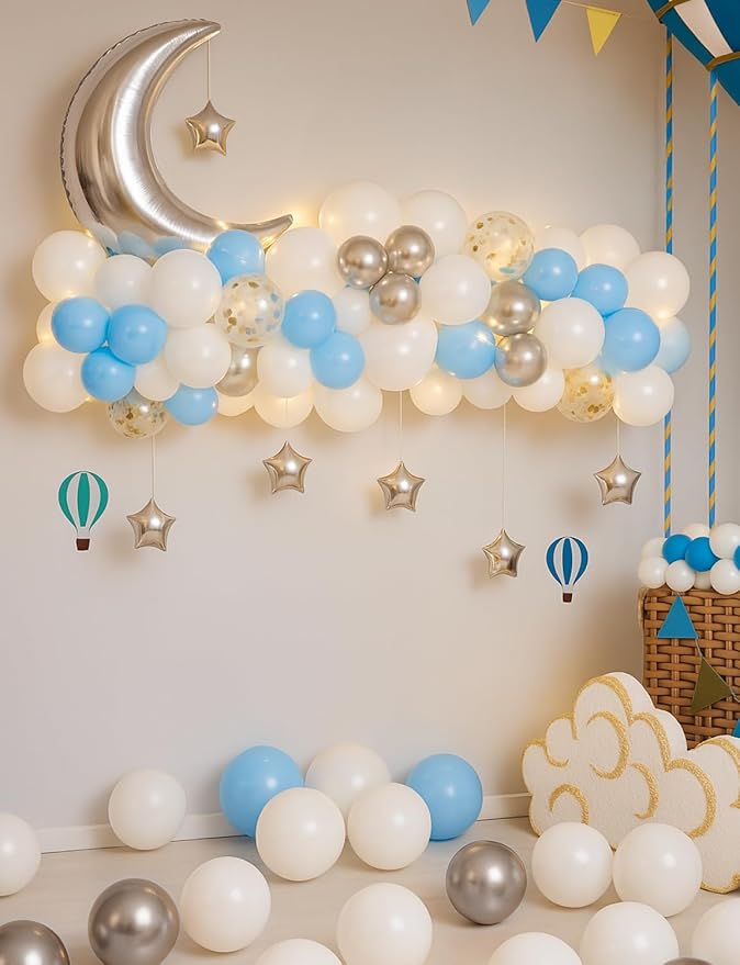 Blue White and Silver Balloons - Over The Moon Baby Shower Decorations with String Lights, Moon and Star Balloon for Boys Girls Twinkle Twinkle Little Star Gender Reveal Decorations