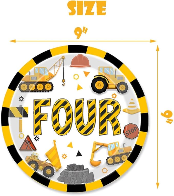 51 Pcs Construction 4th Birthday Party Supplies Dump Truck Four Years Old Tablecloth Paper Plates Napkins Forks Cups Dinnerware for Construction 4th Birthday Party Supplies Decorations