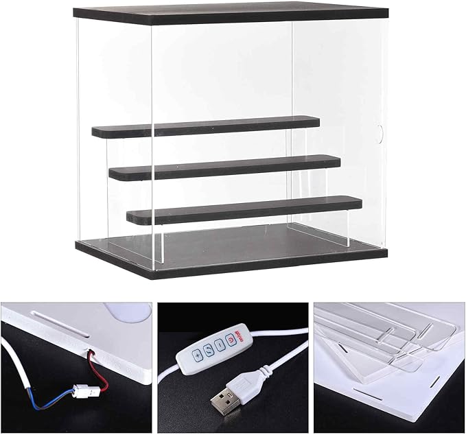 MECCANIXITY Clear Acrylic Display Case with LED Light 3 Tier Dustproof Showcase Assemble Cube Display Boxes Stand for Collectibles, Action Figures (12.6x9.45x11.81) Black