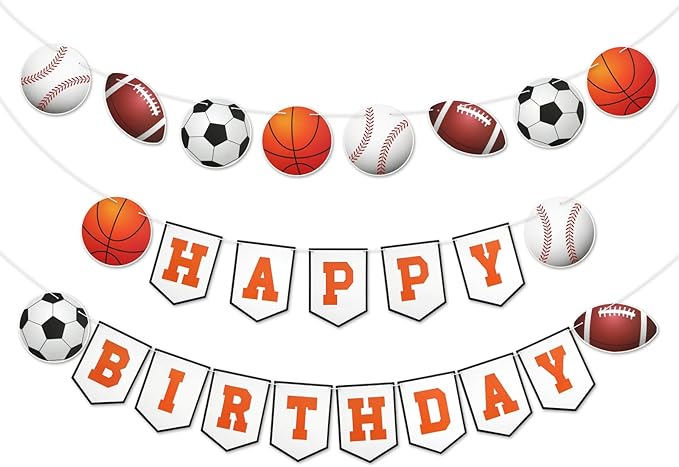 3pcs Sports Birthday Banner - Happy Birthday Basketball Baseball Football Rugby Decorations for Photo Props Party Supplies