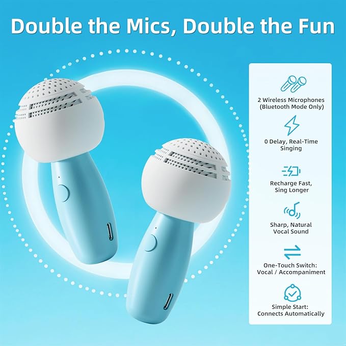 Karaoke Machine for Kids with 2 Wireless Microphones, Night Light & Original/Accompaniment Switch, Rich Built-in Content, Toddler Toys for 3, 4, 5, 6, 7, 8 Year Old, Gifts for Boys and Girls
