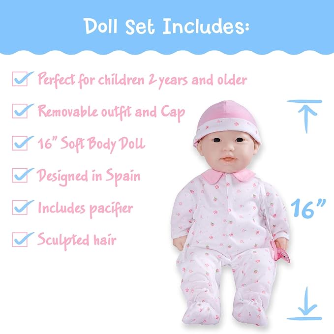 JC Toys Asian 16-inch Medium Soft Body Baby Doll La Baby | Washable |Removable Pink Outfit w/Hat and Pacifier | for Children 12 Months +, Asian Pink