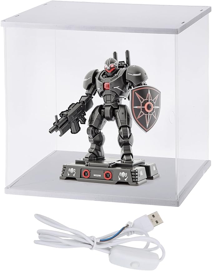 MECCANIXITY Clear Display Case, Acrylic Figure Display Case Clear Display Boxes for Collectibles, Figures Model Toys Home Storage(with Square LED Light, 12x12x13 Inch White Base)