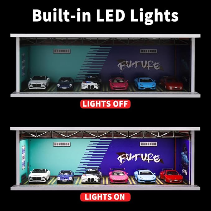 1/64 Scale Hot die-cast Wheels Model car scenarios Display case with LED Light and Acrylic Cover, Scenes Parking lot Diorama Storage Garage Box with 6 Parking Spaces (Future)