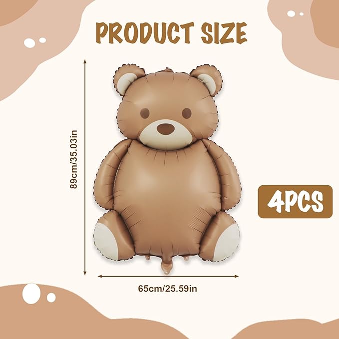 4 Pack Giant Teddy Bear Balloons,35 Inch Matte Brown Foil Mylar Balloons for Beary First Birthday Decorations,Teddy Bear Baby Shower Party Supplies,Woodland Theme Neutral Party Decor