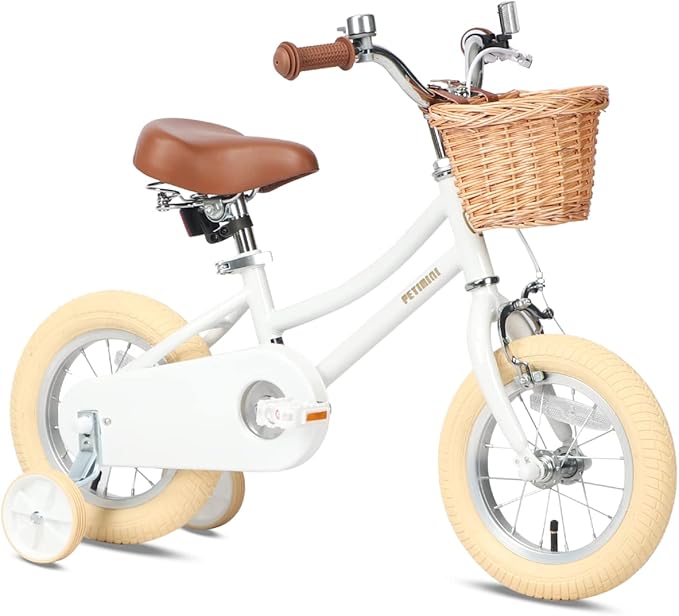 Petimini Vintage Kids Bike for Girls, 12–20 Inch Classic Bicycle with Wicker Basket & Bell, High Tensile Steel Frame, Training Wheels (12–18”), 85% Pre-Assembled, Retro Bike for Outdoor Riding