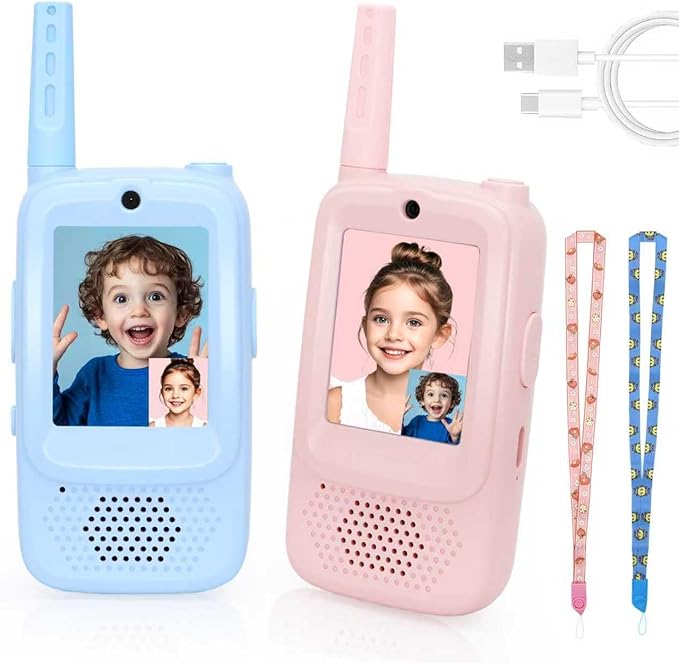 Video Walkie Talkies for Kids Ages 3-12, 2 Pack Rechargeable Walkie Talkie Toys with Screen & 4 Voice Changers, Long Range Two Way Radios for Indoor Outdoor Games, Birthday Gifts for Boys