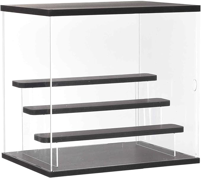 MECCANIXITY Clear Acrylic Display Case with LED Light 3 Tier Dustproof Showcase Assemble Cube Display Boxes Stand for Collectibles, Action Figures (12.6x9.45x11.81) Black
