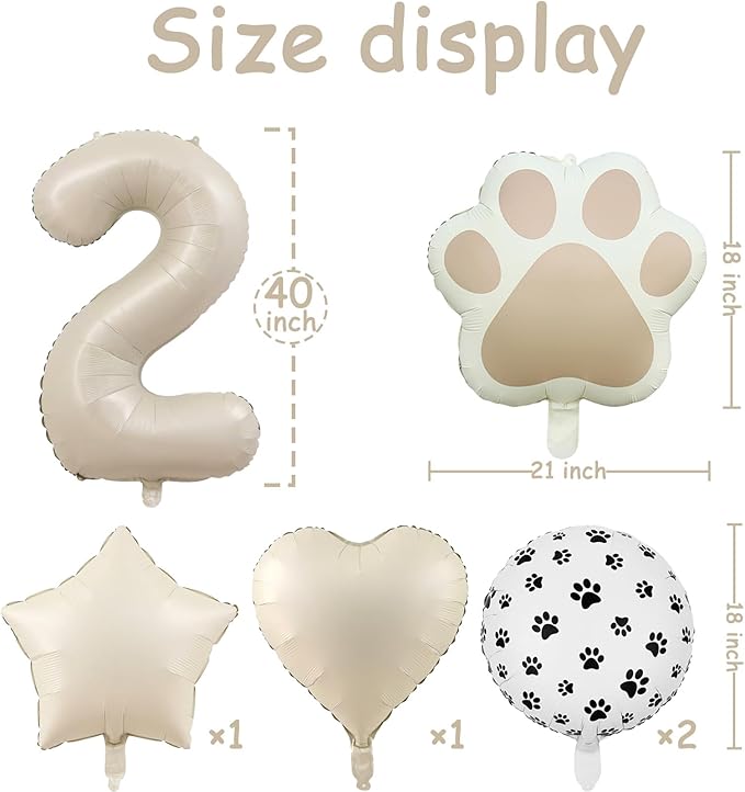 2nd Birthday Dog Paw Balloons Set,18'' Paw Prints, Heart,Star,Paw Shaped Foil Balloon 40''Cream Number 2 Helium balloons for Puppy Themed Baby Shower Second Birthday Party Decorations Supplies 6PCS