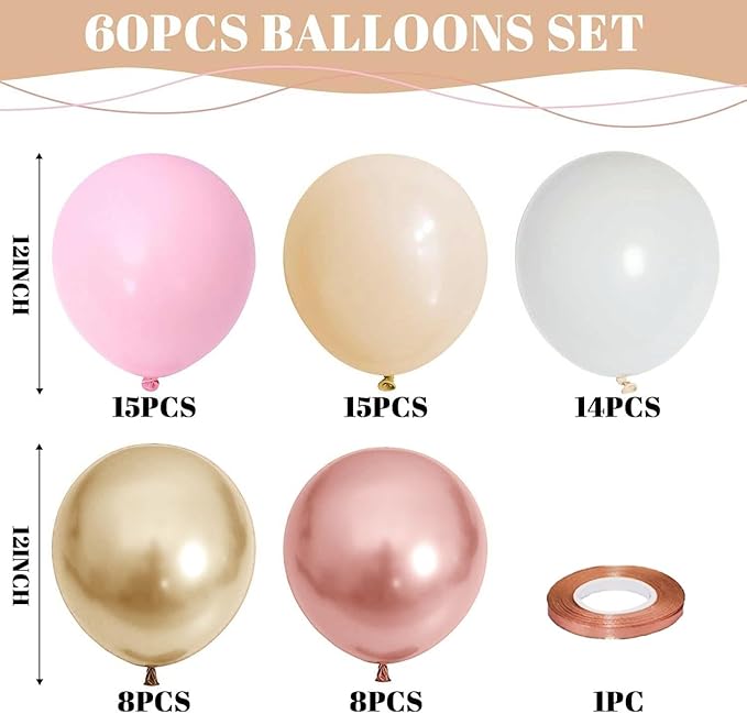 Rose Gold and Pink Balloons, 60PCS Baby Pink Apricot Ivory White Balloon 12Inch Metallic Chrome Gold Rose Gold Balloon Beige Blush Nude Balloon for Boho Wedding Bridal Baby Shower Birthday Decorations