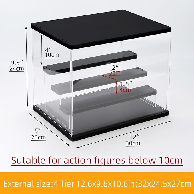 Clear Acrylic Display Case with Light , 4 Tier Multiple Color Lights Display Box Stand Assembly Dustproof Protection Showcase for Collectibles Action Figures (Black 12.6×9.6×10.6in)