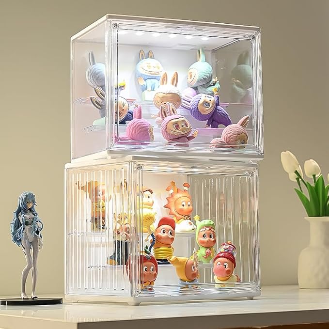 Clear Acrylic Display Case for Figures, Dustproof Figurine Storage Box with LED Lighting, Collectibles Showcase Cabinet for Anime Toys & Miniatures, Stackable Organizer for Desk & Room Decor