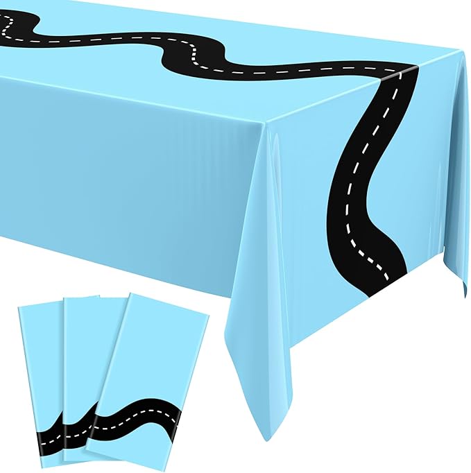 Irenare 3 Pcs Racing Table Cloths Car Birthday Party Supplies 54 x 108 Inch Racetrack Table Runner Covers Disposable Rectangular Road Tablecloth for Kids Boy Car Theme Party Decor (Light Blue)