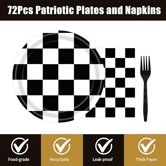 72Pcs Race Car Plates and Napkins, Black And White Checkered Flag Paper Plates and Napkins with Forks Disposable Tableware Set for Race Car Birthday Party Decorations